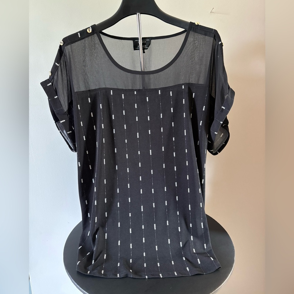 Flower & Feather Black and White Cuffed Sleeve Blouse  with Sheer Yokes, 3XL